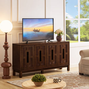 English Elm 60.7" Mid-century Sideboard with Carved Openwork Doors and Adjustable Shelves for Living Walnut W1801P467885