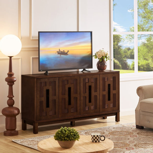 English Elm 60.7" Mid-century Sideboard with Carved Openwork Doors and Adjustable Shelves for Living Walnut W1801P467885