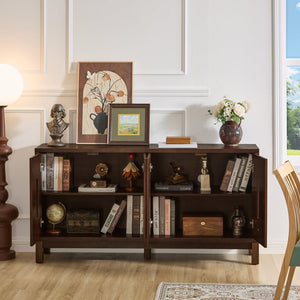 English Elm 60.7" Mid-century Sideboard with Carved Openwork Doors and Adjustable Shelves for Living Walnut W1801P467885
