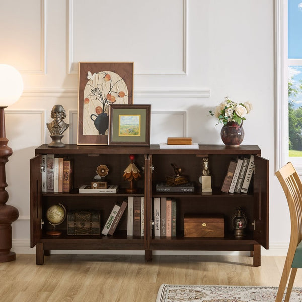 English Elm 60.7" Mid-century Sideboard with Carved Openwork Doors and Adjustable Shelves for Living Walnut W1801P467885