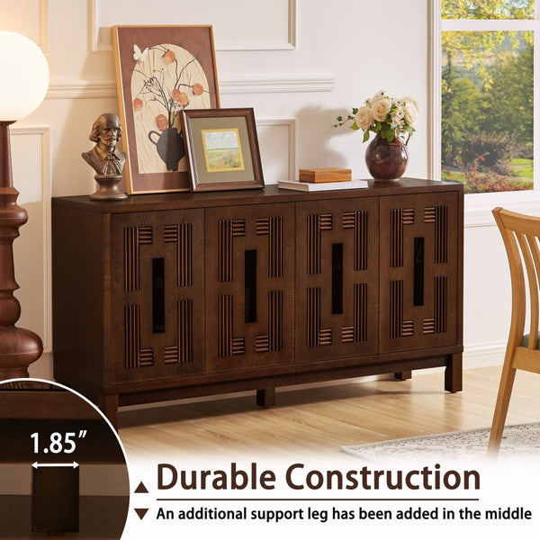 English Elm 60.7" Mid-century Sideboard with Carved Openwork Doors and Adjustable Shelves for Living Walnut W1801P467885