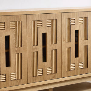 English Elm 60.7" Mid-century Sideboard with Carved Openwork Doors and Adjustable Shelves for Living Natural Wood W1801P467886