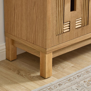 English Elm 60.7" Mid-century Sideboard with Carved Openwork Doors and Adjustable Shelves for Living Natural Wood W1801P467886