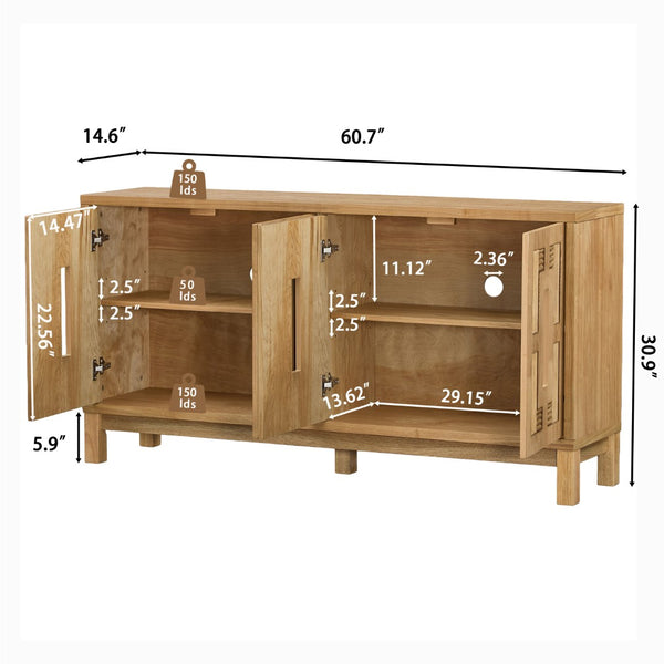 English Elm 60.7" Mid-century Sideboard with Carved Openwork Doors and Adjustable Shelves for Living Natural Wood W1801P467886