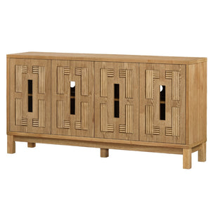 English Elm 60.7" Mid-century Sideboard with Carved Openwork Doors and Adjustable Shelves for Living Natural Wood W1801P467886