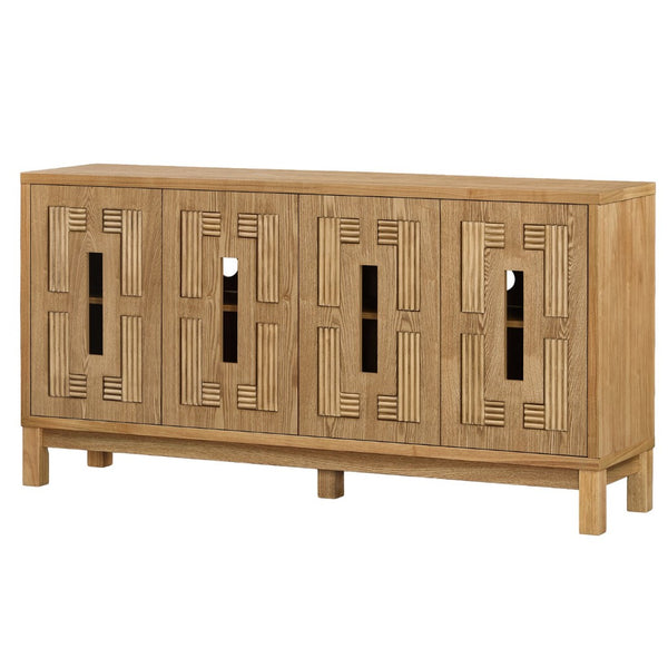 English Elm 60.7" Mid-century Sideboard with Carved Openwork Doors and Adjustable Shelves for Living Natural Wood W1801P467886