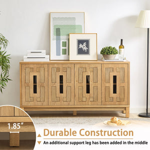 English Elm 60.7" Mid-century Sideboard with Carved Openwork Doors and Adjustable Shelves for Living Natural Wood W1801P467886