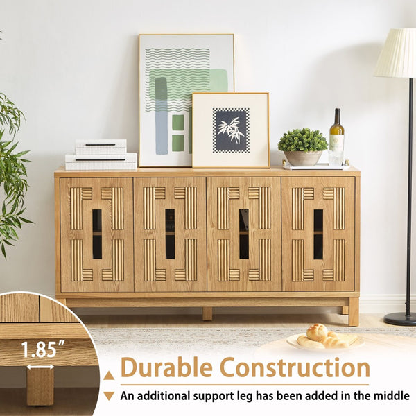 English Elm 60.7" Mid-century Sideboard with Carved Openwork Doors and Adjustable Shelves for Living Natural Wood W1801P467886