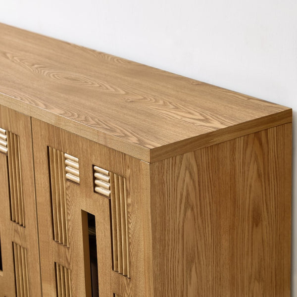 English Elm 60.7" Mid-century Sideboard with Carved Openwork Doors and Adjustable Shelves for Living Natural Wood W1801P467886