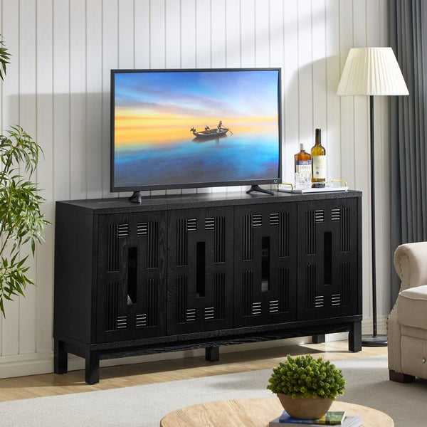 English Elm 60.7" Mid-century Sideboard with Carved Openwork Doors and Adjustable Shelves for Living Black W1801P467887