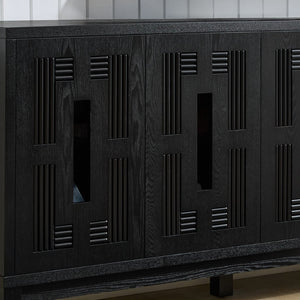 English Elm 60.7" Mid-century Sideboard with Carved Openwork Doors and Adjustable Shelves for Living Black W1801P467887