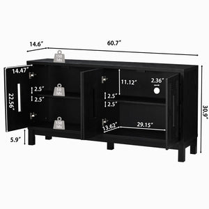 English Elm 60.7" Mid-century Sideboard with Carved Openwork Doors and Adjustable Shelves for Living Black W1801P467887