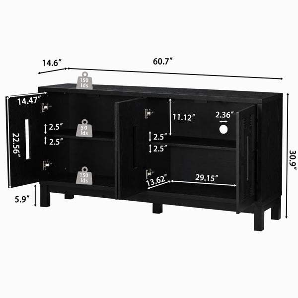 English Elm 60.7" Mid-century Sideboard with Carved Openwork Doors and Adjustable Shelves for Living Black W1801P467887