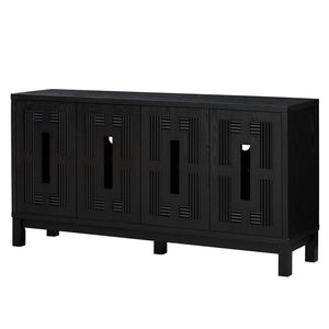 English Elm 60.7" Mid-century Sideboard with Carved Openwork Doors and Adjustable Shelves for Living Black W1801P467887