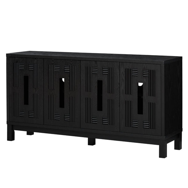 English Elm 60.7" Mid-century Sideboard with Carved Openwork Doors and Adjustable Shelves for Living Black W1801P467887