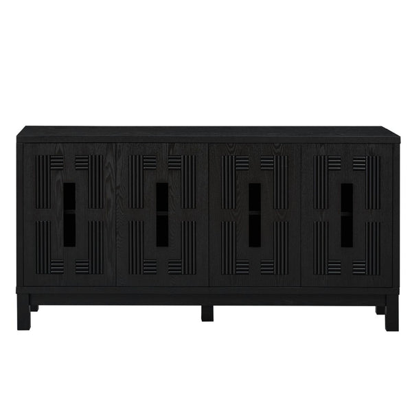 English Elm 60.7" Mid-century Sideboard with Carved Openwork Doors and Adjustable Shelves for Living Black W1801P467887