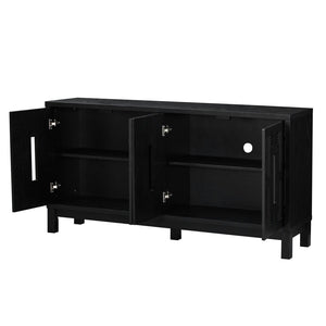 English Elm 60.7" Mid-century Sideboard with Carved Openwork Doors and Adjustable Shelves for Living Black W1801P467887
