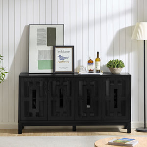 English Elm 60.7" Mid-century Sideboard with Carved Openwork Doors and Adjustable Shelves for Living Black W1801P467887