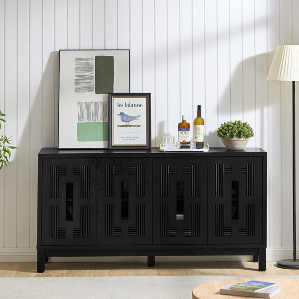 English Elm 60.7" Mid-century Sideboard with Carved Openwork Doors and Adjustable Shelves for Living Black W1801P467887