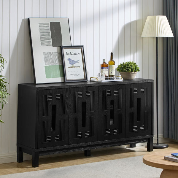 English Elm 60.7" Mid-century Sideboard with Carved Openwork Doors and Adjustable Shelves for Living Black W1801P467887