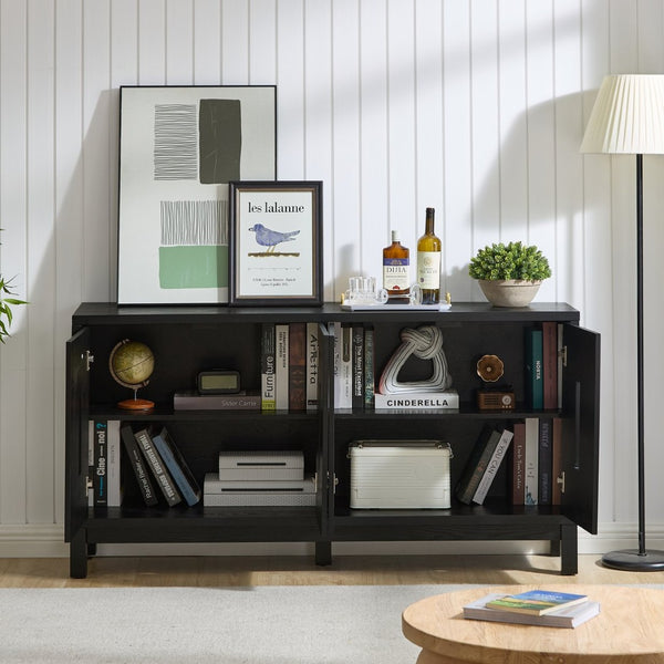 English Elm 60.7" Mid-century Sideboard with Carved Openwork Doors and Adjustable Shelves for Living Black W1801P467887