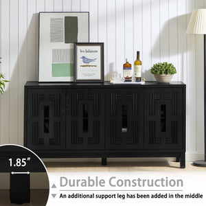 English Elm 60.7" Mid-century Sideboard with Carved Openwork Doors and Adjustable Shelves for Living Black W1801P467887