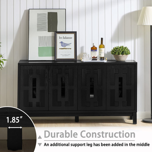 English Elm 60.7" Mid-century Sideboard with Carved Openwork Doors and Adjustable Shelves for Living Black W1801P467887