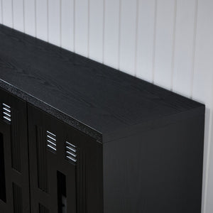 English Elm 60.7" Mid-century Sideboard with Carved Openwork Doors and Adjustable Shelves for Living Black W1801P467887