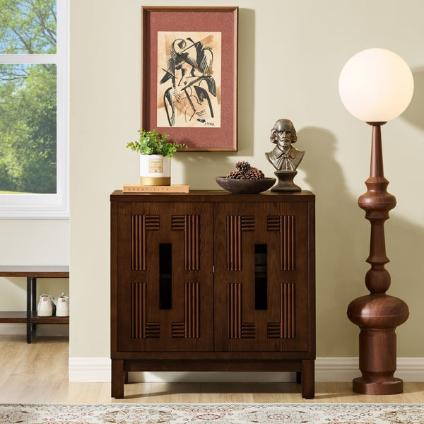 English Elm 31.5 Inch Mid Century Modern Sideboard with Carved Openwork Doors and Adjustable Interior Shelf Walnut W1801P467939