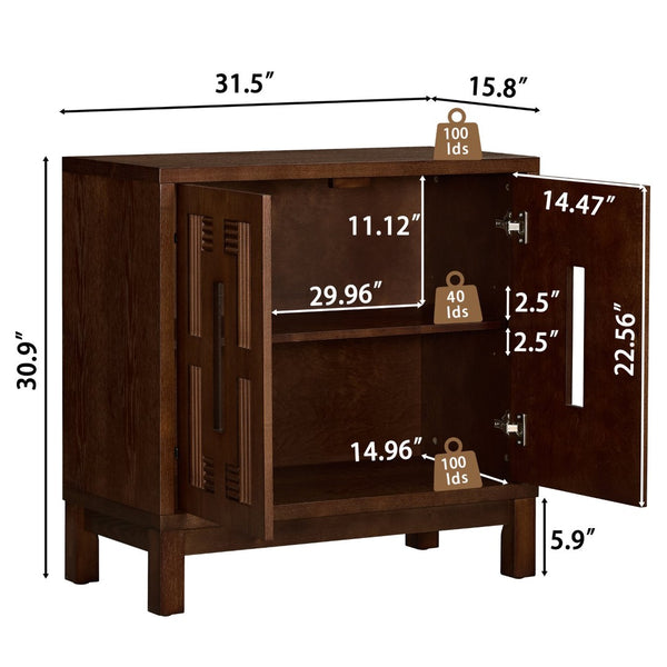 English Elm 31.5 Inch Mid Century Modern Sideboard with Carved Openwork Doors and Adjustable Interior Shelf Walnut W1801P467939