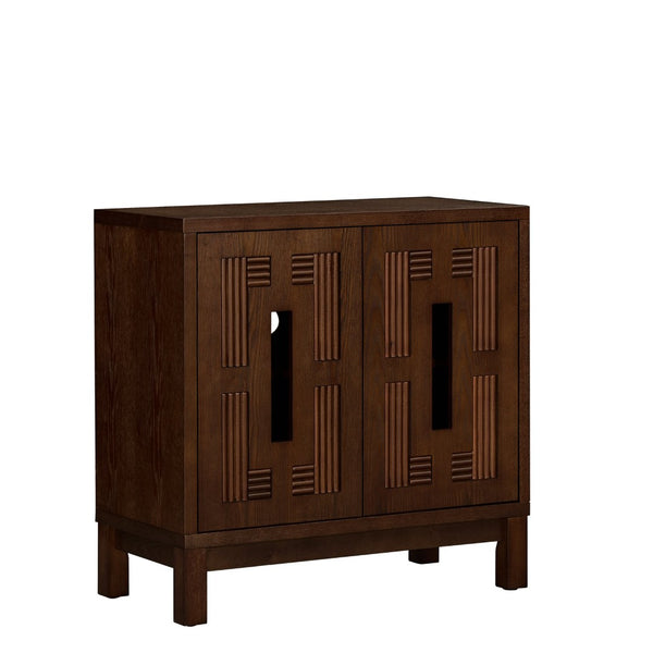 English Elm 31.5 Inch Mid Century Modern Sideboard with Carved Openwork Doors and Adjustable Interior Shelf Walnut W1801P467939