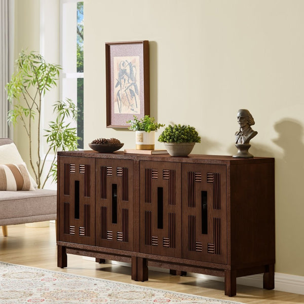 English Elm 31.5 Inch Mid Century Modern Sideboard with Carved Openwork Doors and Adjustable Interior Shelf Walnut W1801P467939