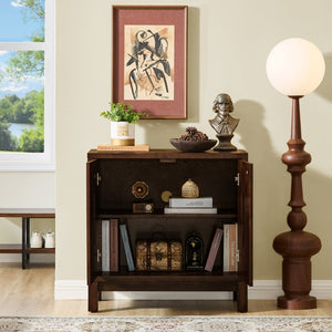 English Elm 31.5 Inch Mid Century Modern Sideboard with Carved Openwork Doors and Adjustable Interior Shelf Walnut W1801P467939
