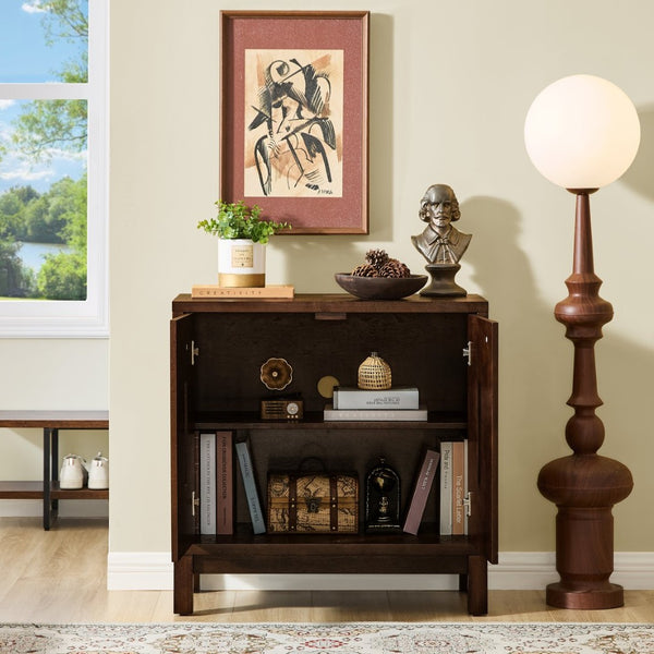 English Elm 31.5 Inch Mid Century Modern Sideboard with Carved Openwork Doors and Adjustable Interior Shelf Walnut W1801P467939
