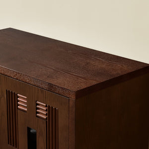 English Elm 31.5 Inch Mid Century Modern Sideboard with Carved Openwork Doors and Adjustable Interior Shelf Walnut W1801P467939