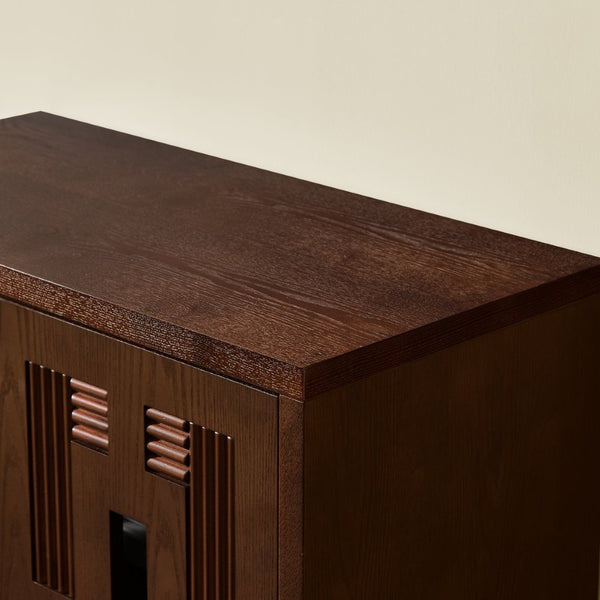 English Elm 31.5 Inch Mid Century Modern Sideboard with Carved Openwork Doors and Adjustable Interior Shelf Walnut W1801P467939