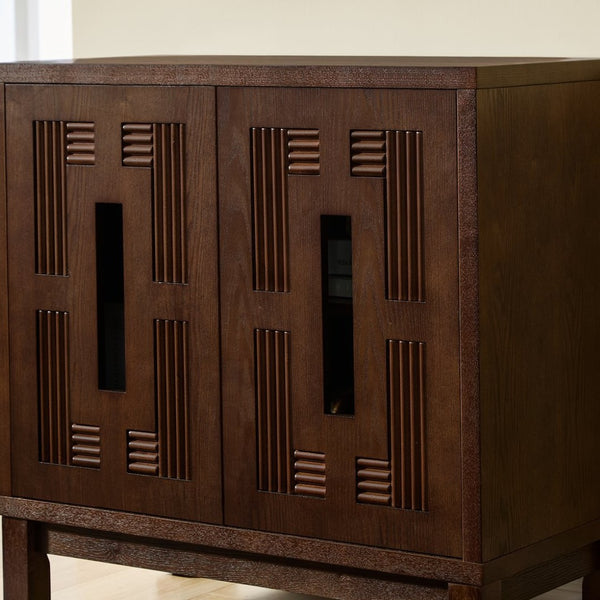 English Elm 31.5 Inch Mid Century Modern Sideboard with Carved Openwork Doors and Adjustable Interior Shelf Walnut W1801P467939