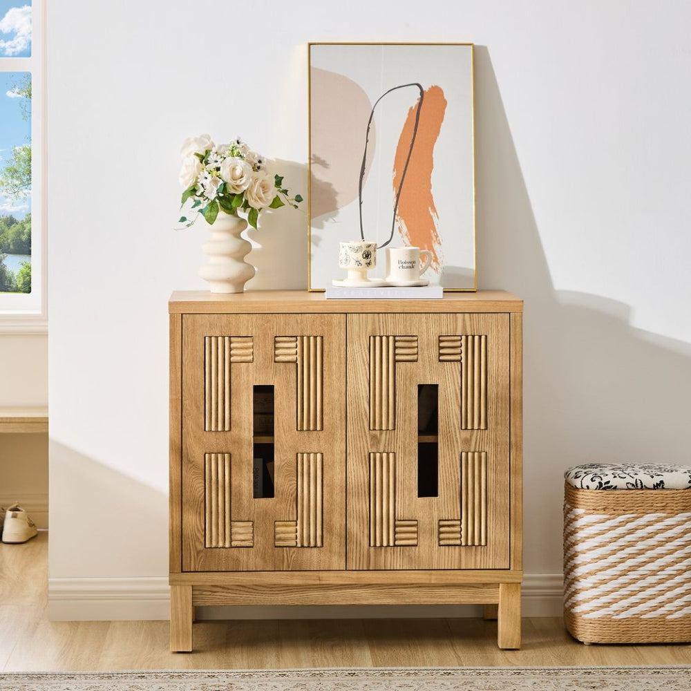 English Elm 31.5 Inch Mid Century Modern Sideboard with Carved Openwork Doors and Adjustable Interior Shelf Natural Wood W1801P467940