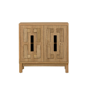 English Elm 31.5 Inch Mid Century Modern Sideboard with Carved Openwork Doors and Adjustable Interior Shelf Natural Wood W1801P467940