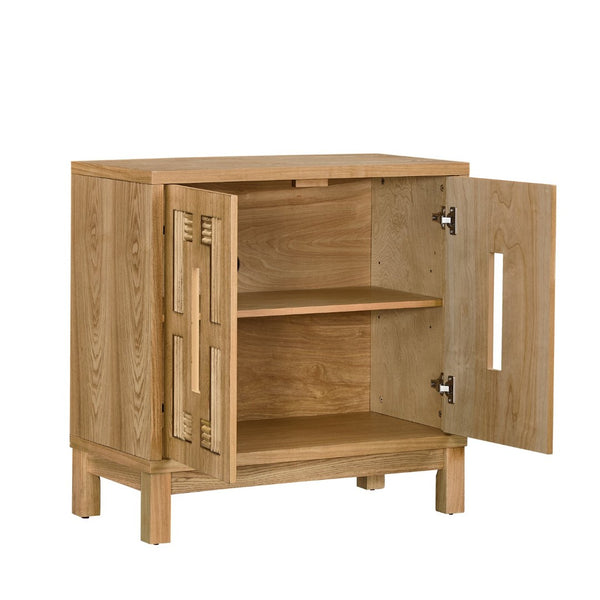 English Elm 31.5 Inch Mid Century Modern Sideboard with Carved Openwork Doors and Adjustable Interior Shelf Natural Wood W1801P467940