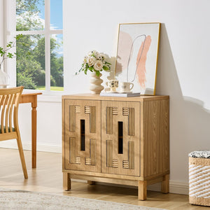 English Elm 31.5 Inch Mid Century Modern Sideboard with Carved Openwork Doors and Adjustable Interior Shelf Natural Wood W1801P467940