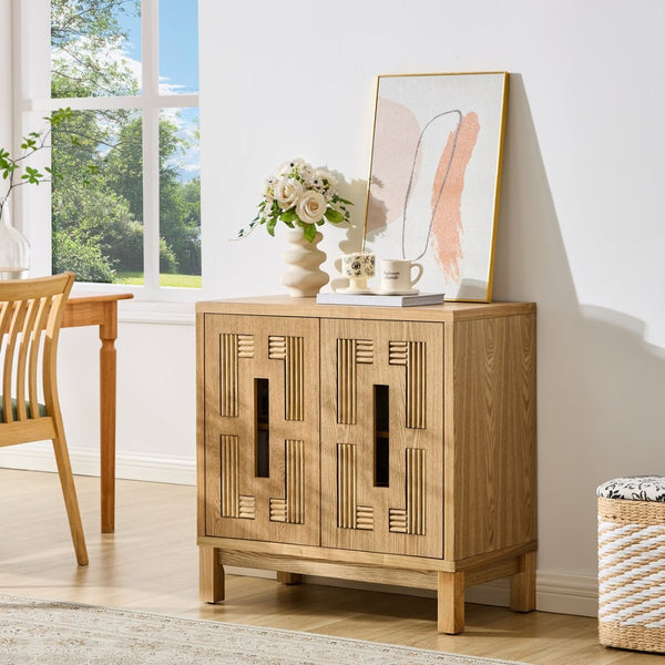 English Elm 31.5 Inch Mid Century Modern Sideboard with Carved Openwork Doors and Adjustable Interior Shelf Natural Wood W1801P467940