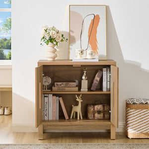 English Elm 31.5 Inch Mid Century Modern Sideboard with Carved Openwork Doors and Adjustable Interior Shelf Natural Wood W1801P467940