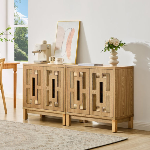 English Elm 31.5 Inch Mid Century Modern Sideboard with Carved Openwork Doors and Adjustable Interior Shelf Natural Wood W1801P467940