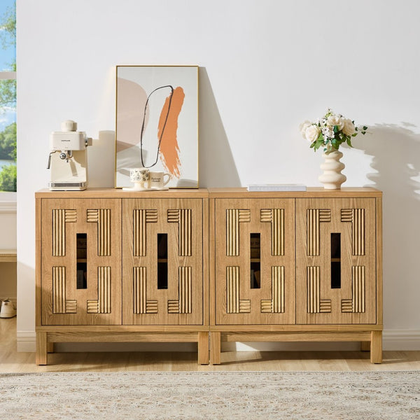 English Elm 31.5 Inch Mid Century Modern Sideboard with Carved Openwork Doors and Adjustable Interior Shelf Natural Wood W1801P467940