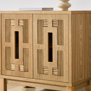English Elm 31.5 Inch Mid Century Modern Sideboard with Carved Openwork Doors and Adjustable Interior Shelf Natural Wood W1801P467940