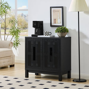 English Elm 31.5 Inch Mid Century Modern Sideboard with Carved Openwork Doors and Adjustable Interior Shelf Black W1801P467941
