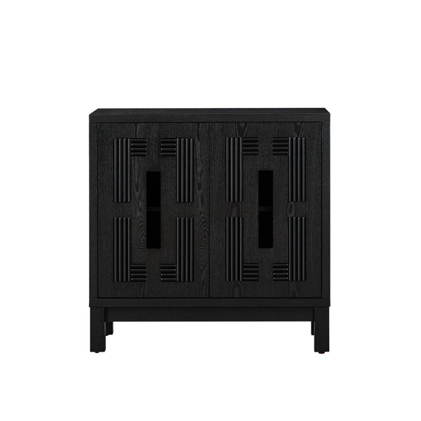English Elm 31.5 Inch Mid Century Modern Sideboard with Carved Openwork Doors and Adjustable Interior Shelf Black W1801P467941
