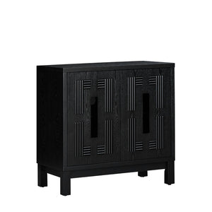 English Elm 31.5 Inch Mid Century Modern Sideboard with Carved Openwork Doors and Adjustable Interior Shelf Black W1801P467941