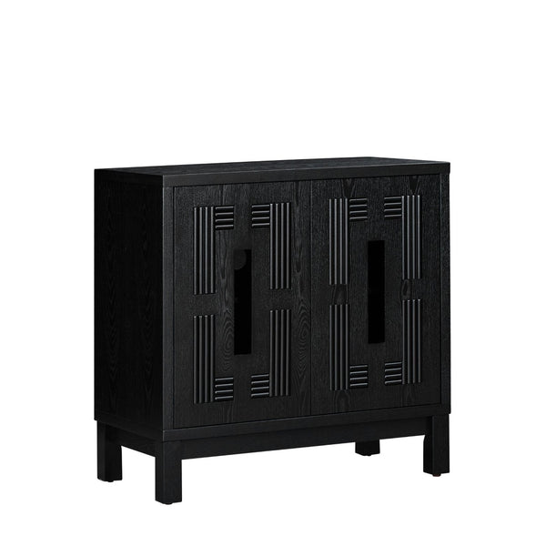 English Elm 31.5 Inch Mid Century Modern Sideboard with Carved Openwork Doors and Adjustable Interior Shelf Black W1801P467941